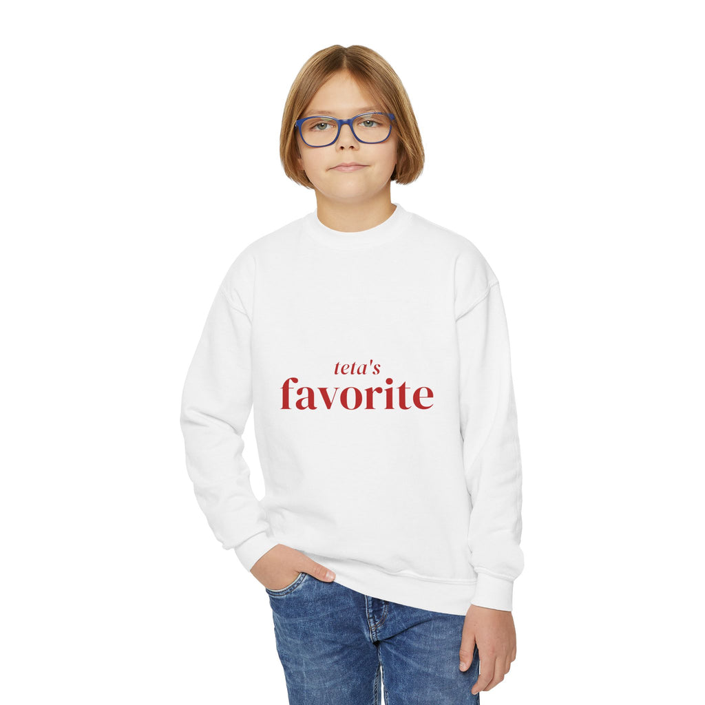Back view of a child in the Teta's Favorite crewneck sweatshirt