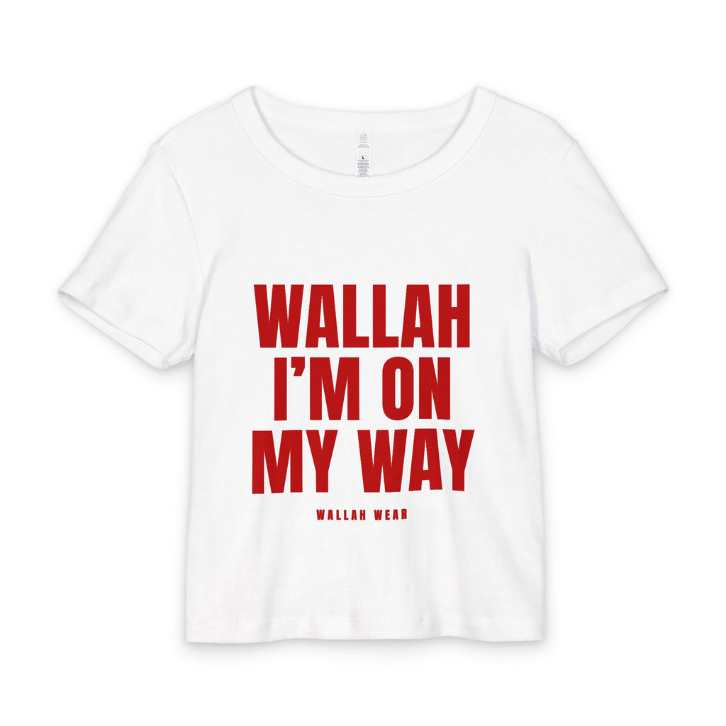 "Wallah, I'm On My Way" baby tee in white with red front print