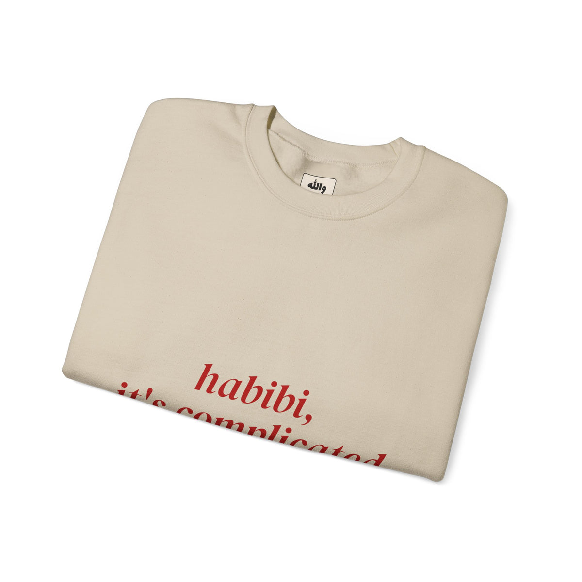 Person wearing the Habibi, It's Complicated crewneck sweatshirt, front view