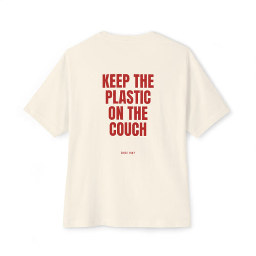 Keep the Plastic on the Couch oversized tee in natural, back view