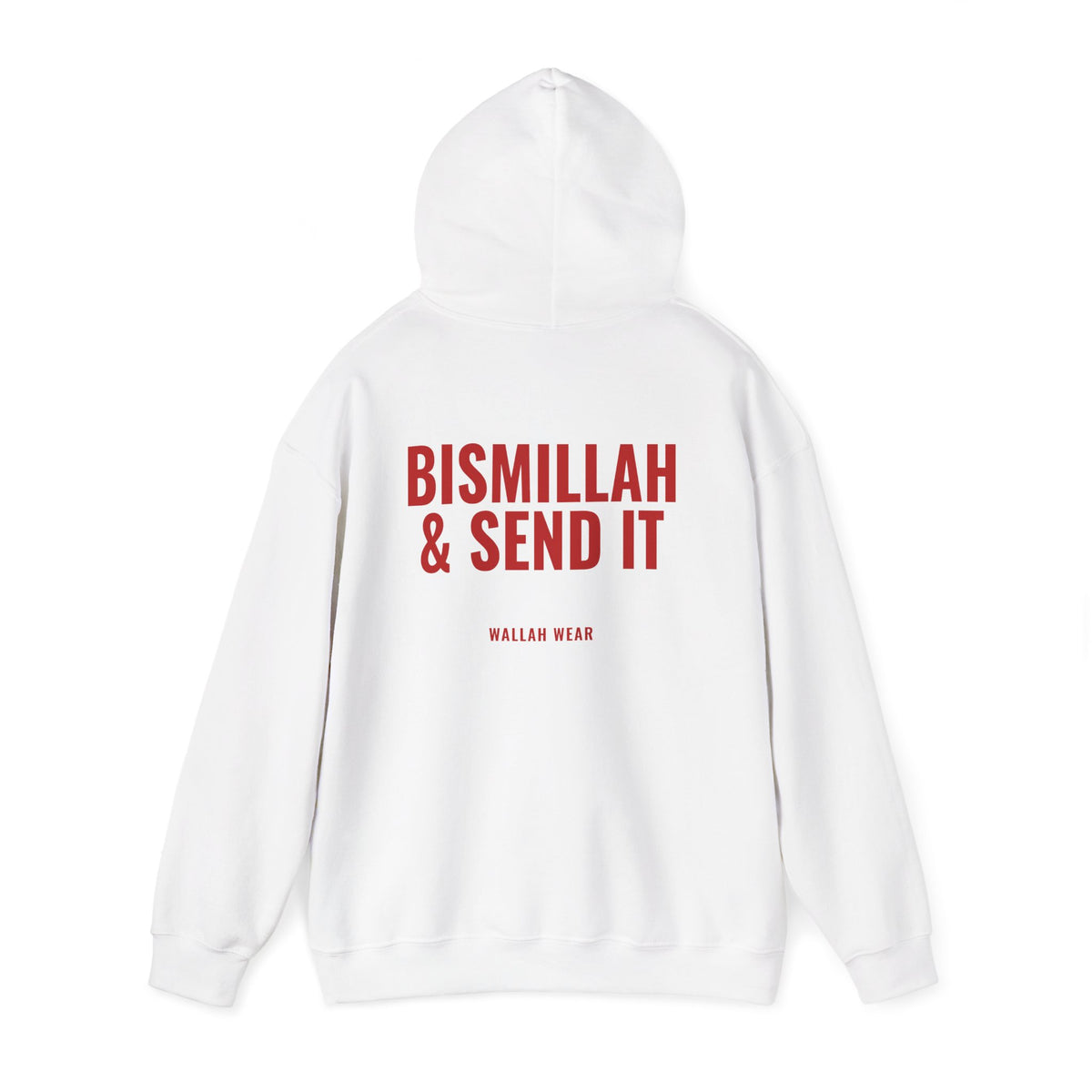 Bismillah & Send It hoodie back print in red, close view