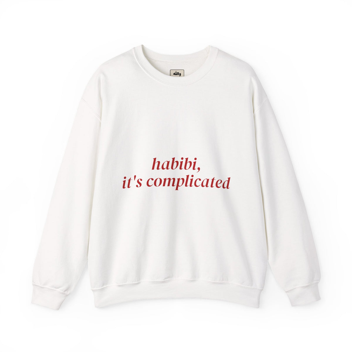 "Habibi, It's Complicated" crewneck sweatshirt in white with red script print