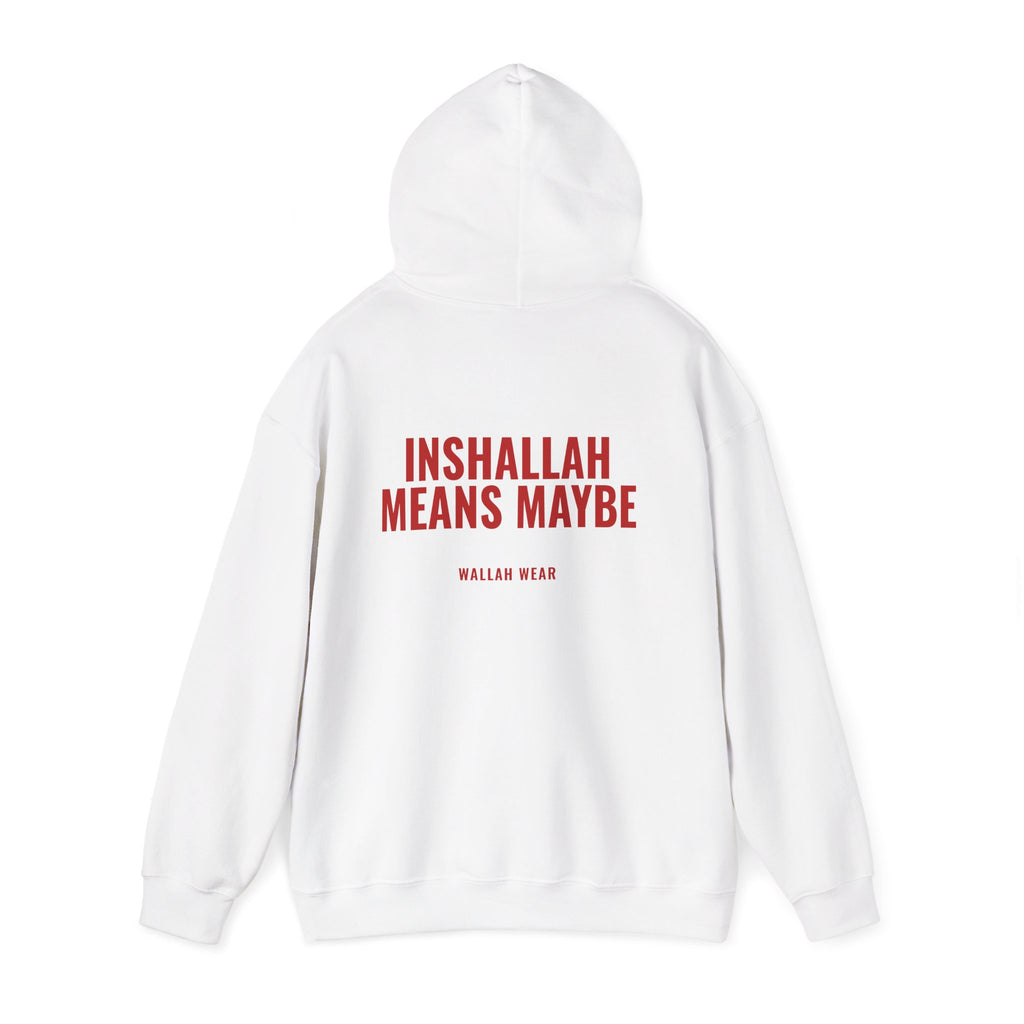Inshallah Means Maybe hoodie back print in red, close view