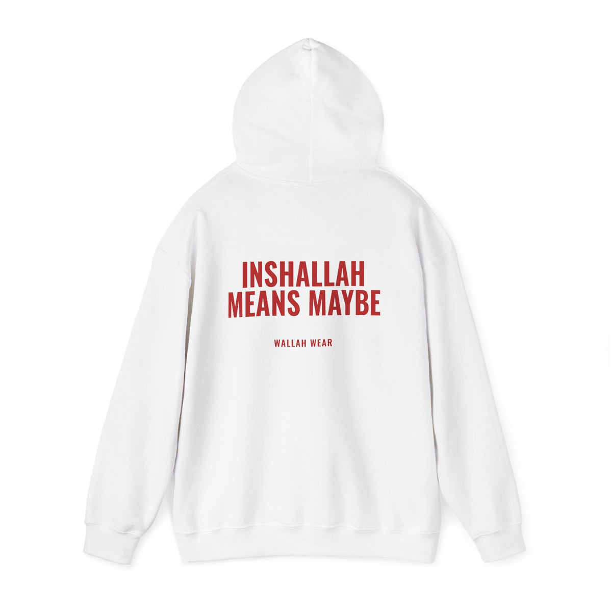 Inshallah Means Maybe hoodie back print in red, close view