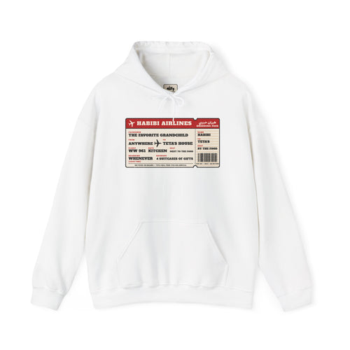 Habibi Airlines boarding pass hoodie: destination Teta's house, seat next to the food