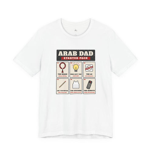 Arab Dad Starter Pack tee with worry beads, light switch, AC dial and remote icons