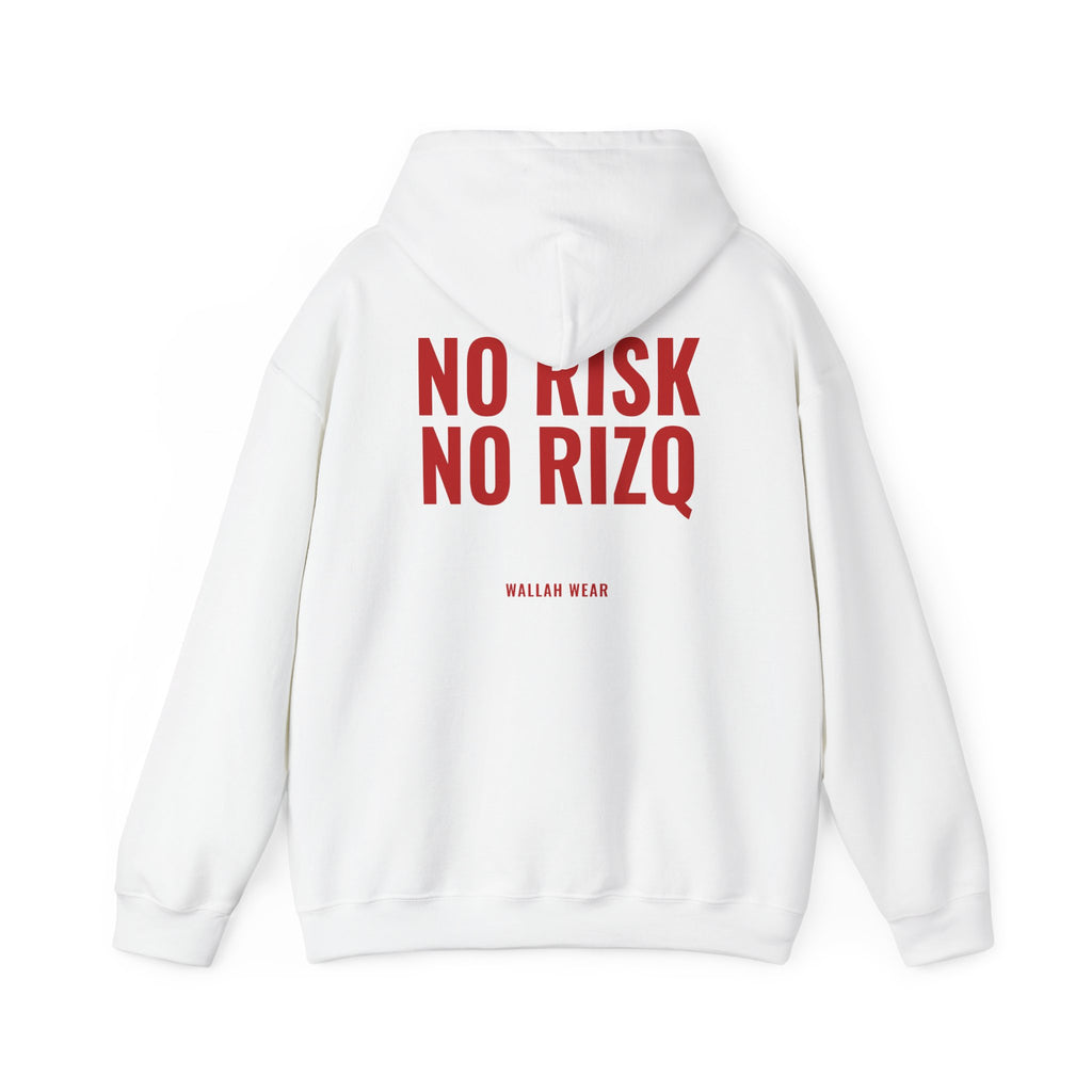 No Risk, No Rizq hoodie back print in red, close view