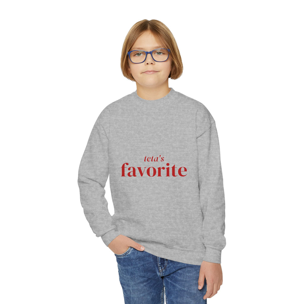 Child wearing the sport grey Teta's Favorite kids crewneck sweatshirt
