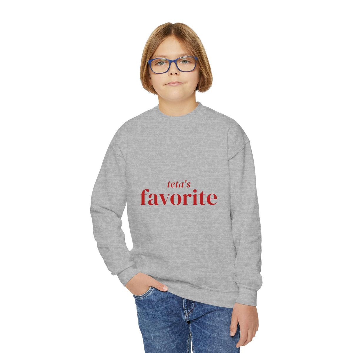Child wearing the sport grey Teta's Favorite kids crewneck sweatshirt