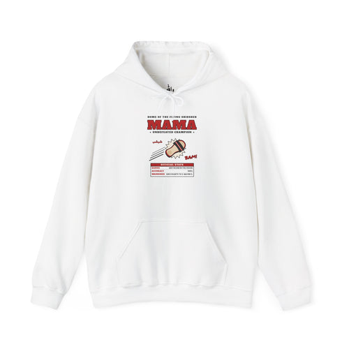 Mama's Shibsheb Undefeated Champion hoodie with flying slipper fight-poster graphic