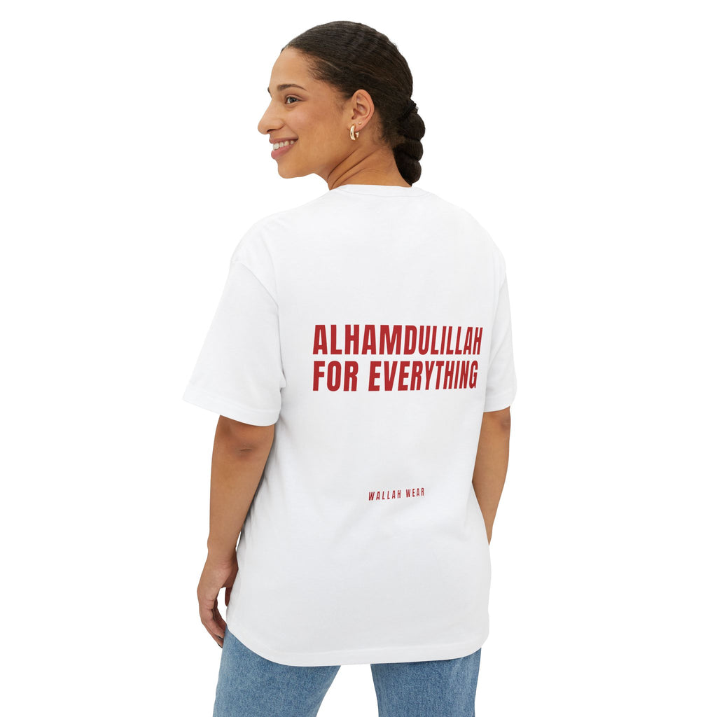 Alhamdulillah for Everything oversized tee with red back print and chest logo