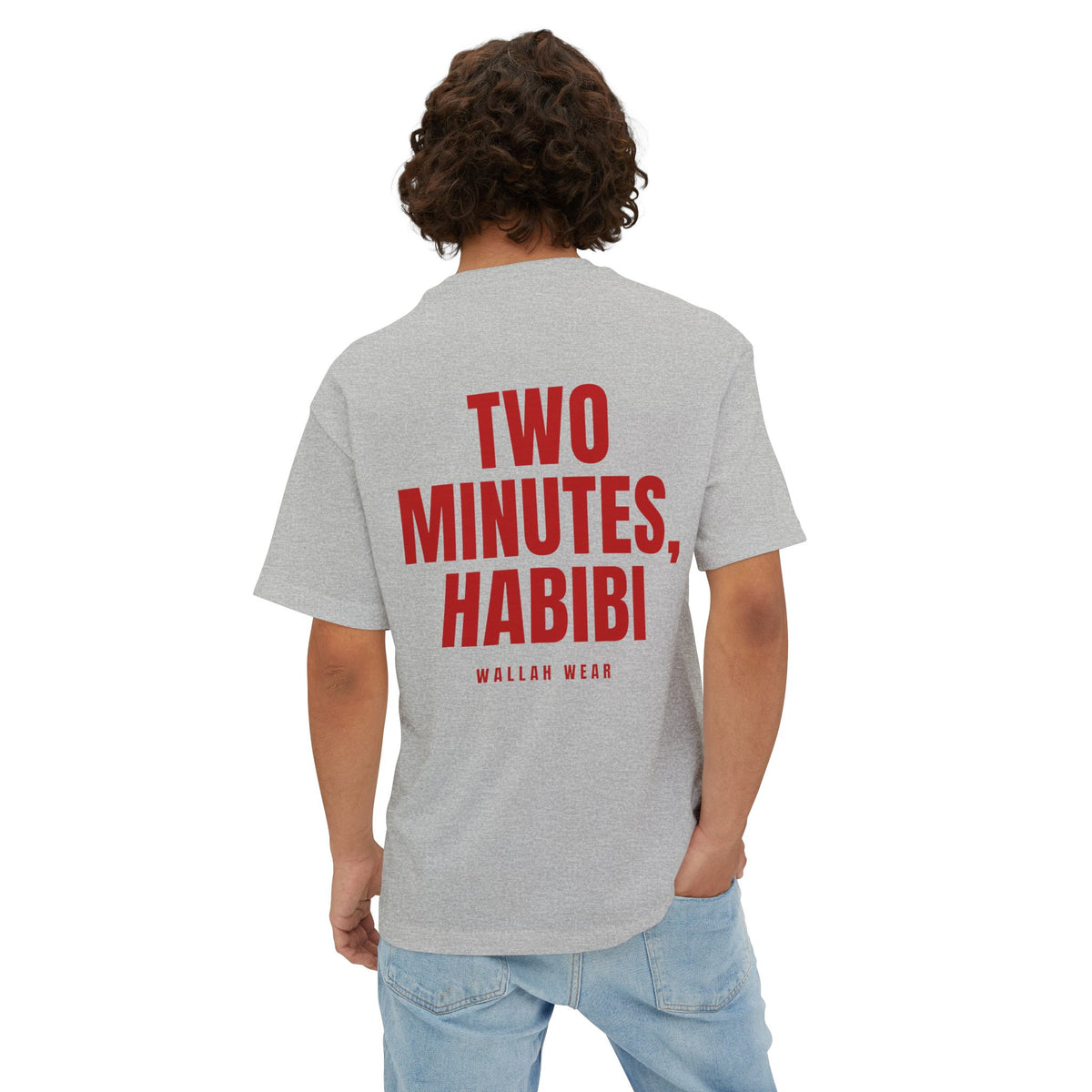 Back view of the Two Minutes, Habibi oversized tee with red back print on heather gray