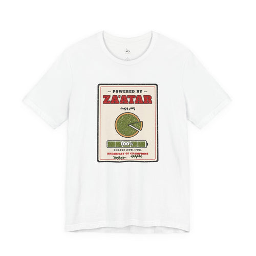 Powered by Za'atar tee with man'oushe and full battery graphic