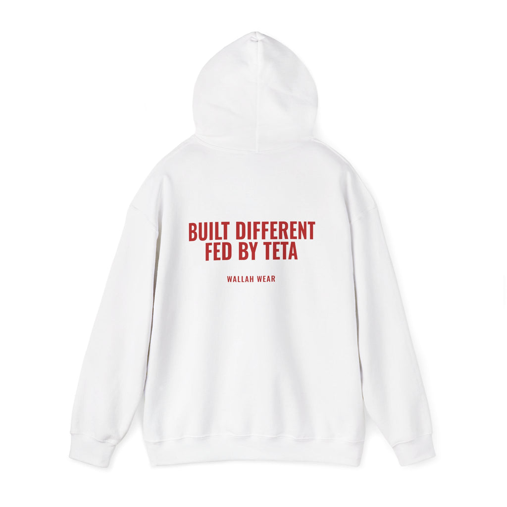 Built Different, Fed by Teta hoodie back print in red, close view