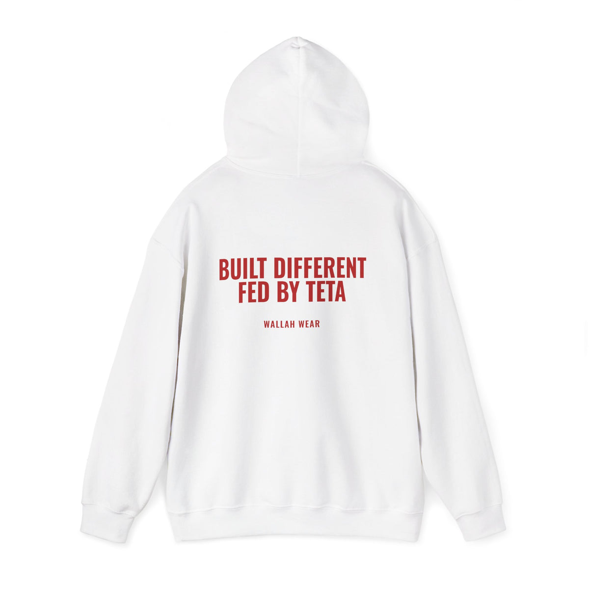 Built Different, Fed by Teta hoodie back print in red, close view