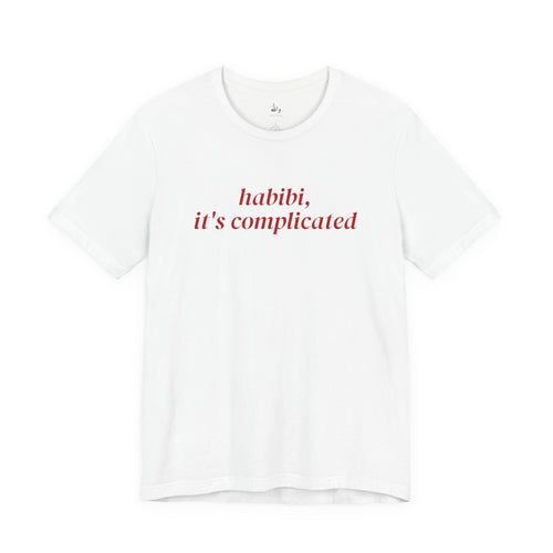 White Habibi, It's Complicated tee with red script