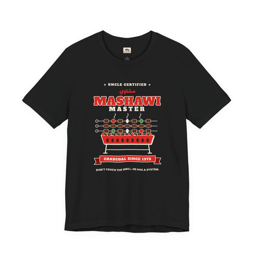Mashawi Master tee with kebab skewers on a charcoal grill, uncle certified