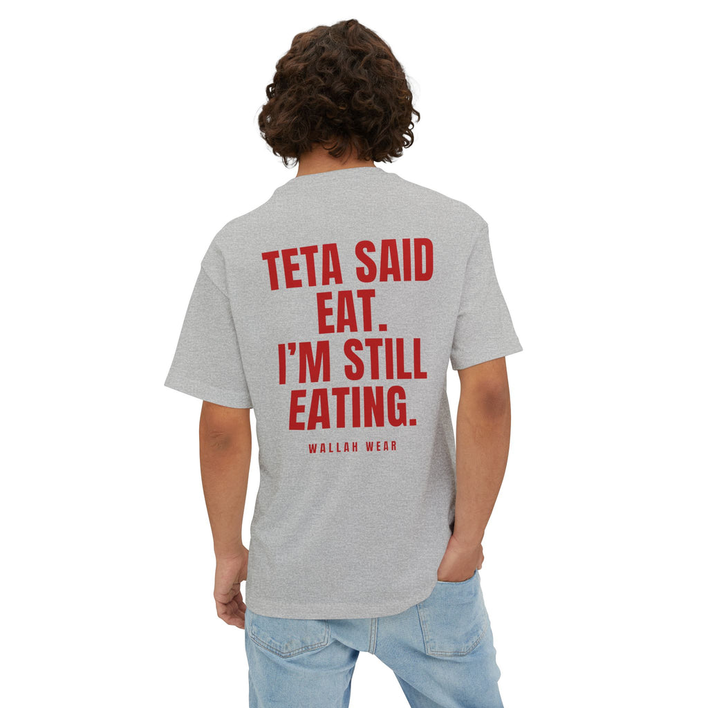 Back view of the Teta Said Eat. I'm Still Eating. oversized tee with red back print on heather gray