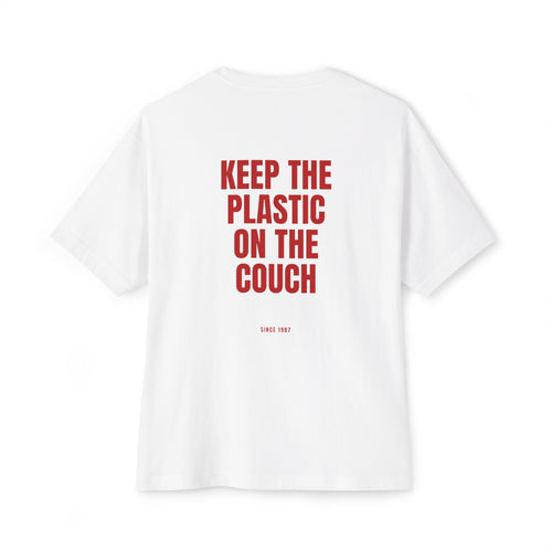 Back view of the Keep the Plastic on the Couch oversized tee with red back print