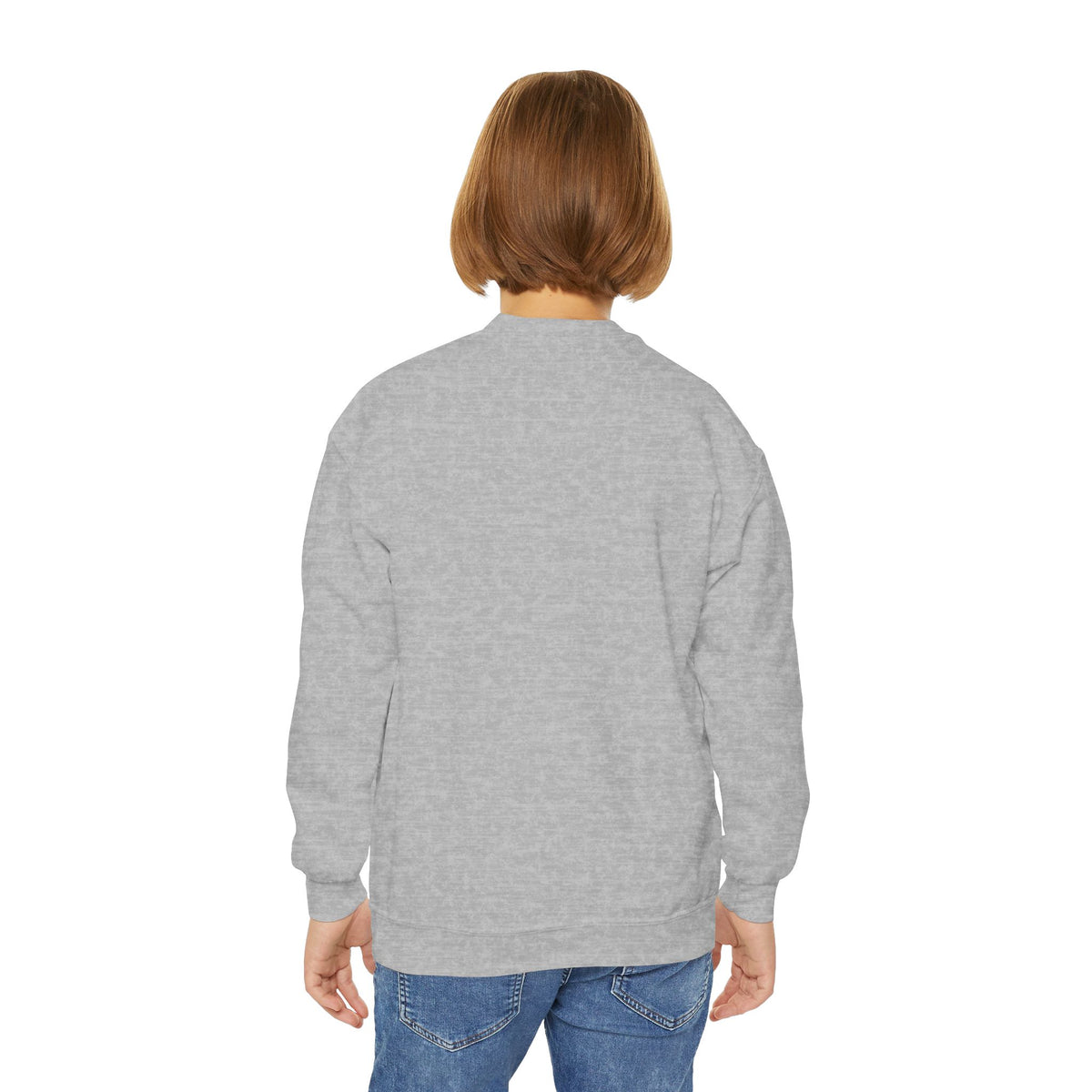 Back view of a child in the sport grey Teta's Favorite crewneck sweatshirt
